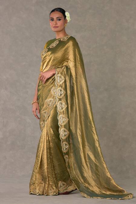 Shop_Masaba_Green Saree And Blouse Tissue Printed Paan Bordered Set With Unstitched Piece_Online_at_Aza_Fashions