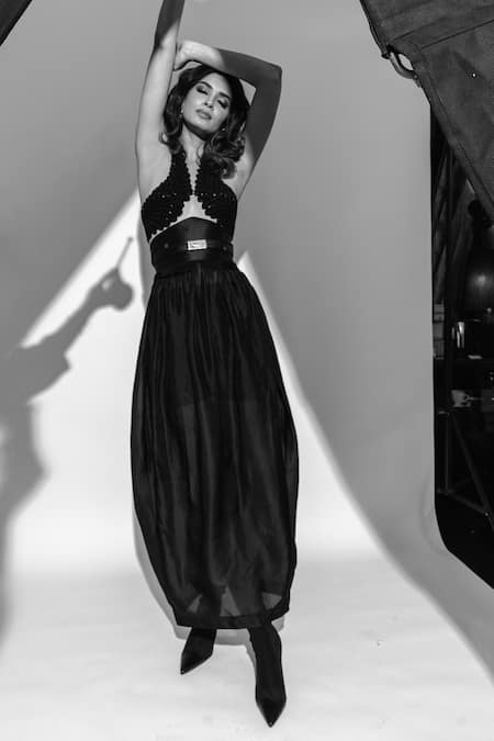 Pankaj & Nidhi_Black Silk Organza Articulate Gathered Cocoon Skirt _at_Aza_Fashions