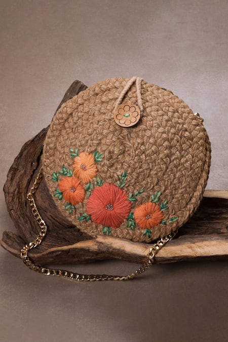 DHAAGA LIFE Beige Beads Floral Embroidered Full Moon Jute Clutch Bag 