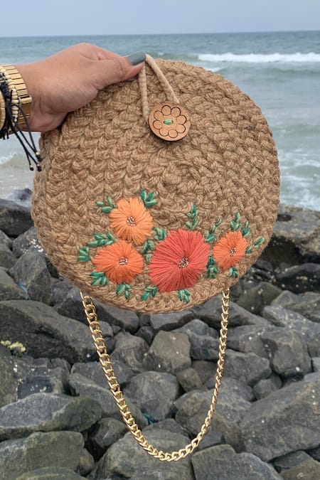 Dhaaga Life_Beige Beads, Embroidery Floral Full Moon Jute Clutch Bag_Online_at_Aza_Fashions