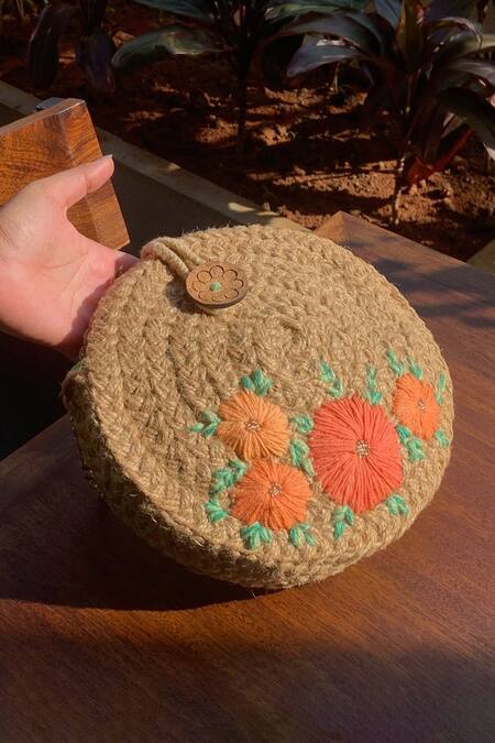 Shop_Dhaaga Life_Beige Beads, Embroidery Floral Full Moon Jute Clutch Bag_Online_at_Aza_Fashions