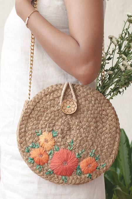 Dhaaga Life_Beige Beads, Embroidery Floral Full Moon Jute Clutch Bag_at_Aza_Fashions