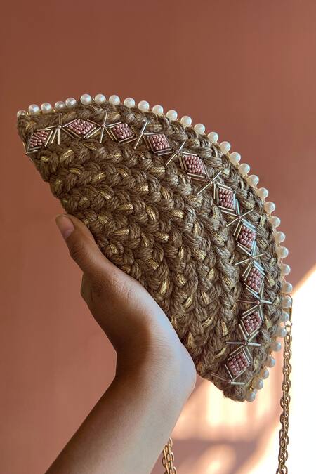 Buy_Dhaaga Life_Beige Gota Patti, Beads Half Moon Lace Embellished Clutch_Online_at_Aza_Fashions