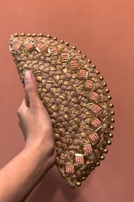 DHAAGA LIFE Beige Bugle Beads Half Moon Embellished Clutch 