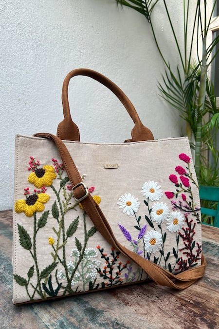 Dhaaga Life Beige Embroidery Garden Thread Tote Bag Online at Aza Fashions Dhaaga Life_Beige Embroidery Garden Thread Tote Bag_Online_at_Aza_Fashions