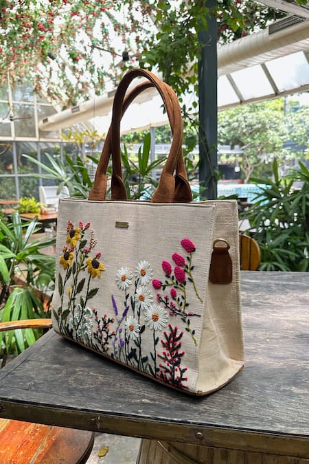 Dhaaga Life Beige Embroidery Garden Thread Tote Bag at Aza Fashions Dhaaga Life_Beige Embroidery Garden Thread Tote Bag_at_Aza_Fashions