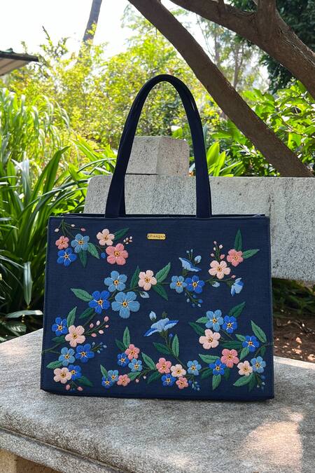 Shop_Dhaaga Life_Blue Embroidery Forget Me Not Tote Bag_Online_at_Aza_Fashions