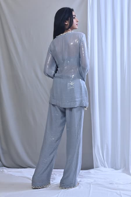 Shop Mirkashi Grey Georgette, Silk Organza Embellished Short Kurta Bell Bottom Pant Set at Aza Fashions Shop_Mirkashi_Grey Georgette, Silk Organza Embellished Short Kurta Bell Bottom Pant Set_at_Aza_Fashions