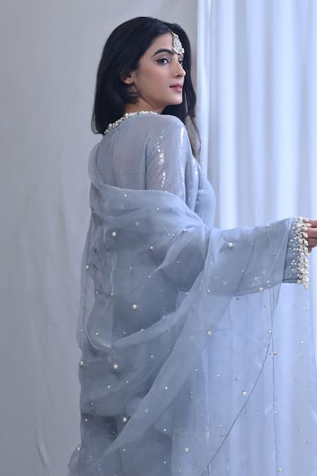 Mirkashi Grey Georgette, Silk Organza Embellished Short Kurta Bell Bottom Pant Set Online at Aza Fashions Mirkashi_Grey Georgette, Silk Organza Embellished Short Kurta Bell Bottom Pant Set_Online_at_Aza_Fashions