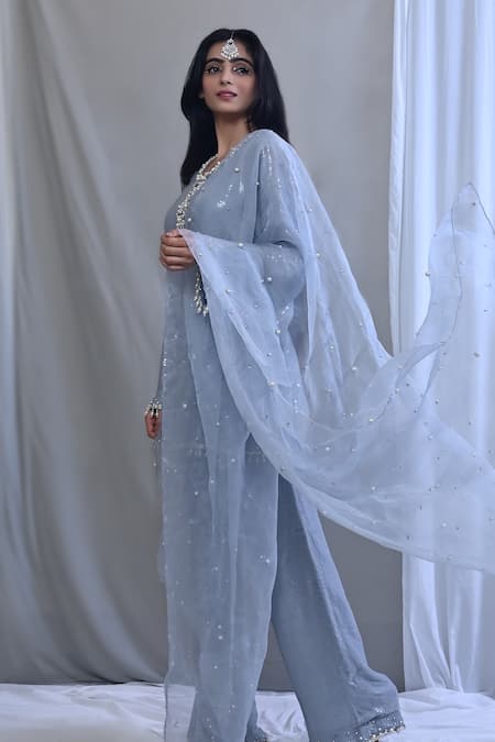 Shop Mirkashi Grey Georgette, Silk Organza Embellished Short Kurta Bell Bottom Pant Set Online at Aza Fashions Shop_Mirkashi_Grey Georgette, Silk Organza Embellished Short Kurta Bell Bottom Pant Set_Online_at_Aza_Fashions