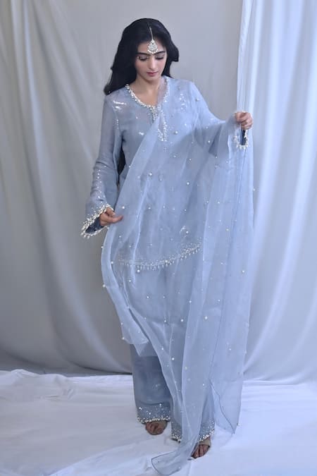 Mirkashi Grey Georgette, Silk Organza Embellished Short Kurta Bell Bottom Pant Set at Aza Fashions Mirkashi_Grey Georgette, Silk Organza Embellished Short Kurta Bell Bottom Pant Set_at_Aza_Fashions