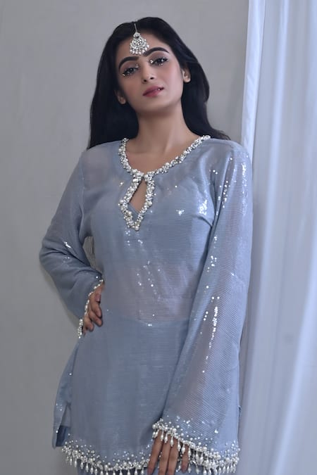 Buy Mirkashi Grey Georgette, Silk Organza Embellished Short Kurta Bell Bottom Pant Set Buy_Mirkashi_Grey Georgette, Silk Organza Embellished Short Kurta Bell Bottom Pant Set