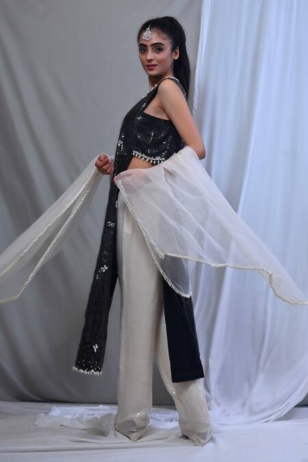 Mirkashi Black Georgette, Silk Organza Sequins, Pearls Embellished Cut-out Kurta Pant Set Online at Aza Fashions Mirkashi_Black Georgette, Silk Organza Sequins, Pearls Embellished Cut-out Kurta Pant Set_Online_at_Aza_Fashions