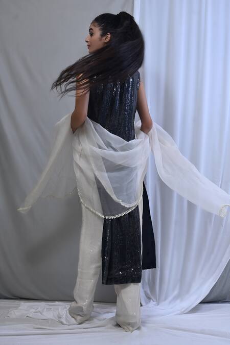 Buy Mirkashi Black Georgette, Silk Organza Sequins, Pearls Embellished Cut-out Kurta Pant Set Online at Aza Fashions Buy_Mirkashi_Black Georgette, Silk Organza Sequins, Pearls Embellished Cut-out Kurta Pant Set_Online_at_Aza_Fashions