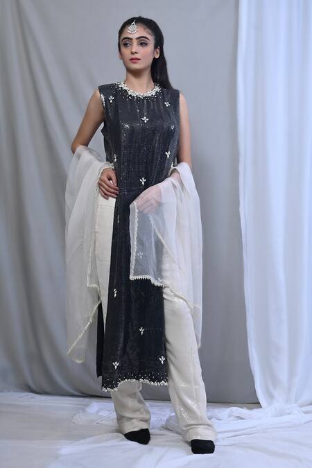 Shop Mirkashi Black Georgette, Silk Organza Sequins, Pearls Embellished Cut-out Kurta Pant Set Online at Aza Fashions Shop_Mirkashi_Black Georgette, Silk Organza Sequins, Pearls Embellished Cut-out Kurta Pant Set_Online_at_Aza_Fashions