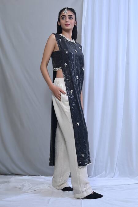 Mirkashi Black Georgette, Silk Organza Sequins, Pearls Embellished Cut-out Kurta Pant Set at Aza Fashions Mirkashi_Black Georgette, Silk Organza Sequins, Pearls Embellished Cut-out Kurta Pant Set_at_Aza_Fashions