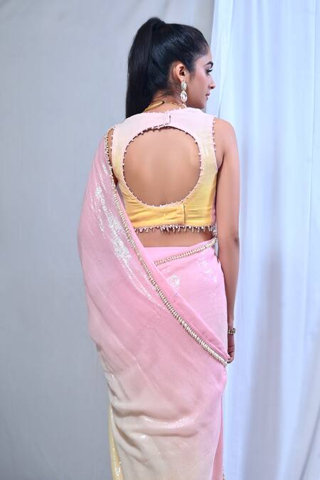 Shop Mirkashi Pink Georgette, Modal, Silk Ombre Embellished Pre-draped Saree With Blouse at Aza Fashions Shop_Mirkashi_Pink Georgette, Modal, Silk Ombre Embellished Pre-draped Saree With Blouse_at_Aza_Fashions