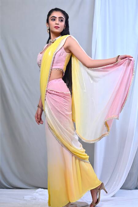 Mirkashi Pink Georgette, Modal, Silk Ombre Embellished Pre-draped Saree With Blouse Online at Aza Fashions Mirkashi_Pink Georgette, Modal, Silk Ombre Embellished Pre-draped Saree With Blouse_Online_at_Aza_Fashions