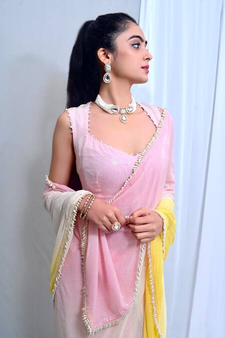 Buy Mirkashi Pink Georgette, Modal, Silk Ombre Embellished Pre-draped Saree With Blouse Online at Aza Fashions Buy_Mirkashi_Pink Georgette, Modal, Silk Ombre Embellished Pre-draped Saree With Blouse_Online_at_Aza_Fashions