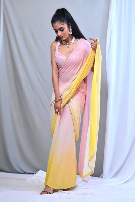 Shop Mirkashi Pink Georgette, Modal, Silk Ombre Embellished Pre-draped Saree With Blouse Online at Aza Fashions Shop_Mirkashi_Pink Georgette, Modal, Silk Ombre Embellished Pre-draped Saree With Blouse_Online_at_Aza_Fashions