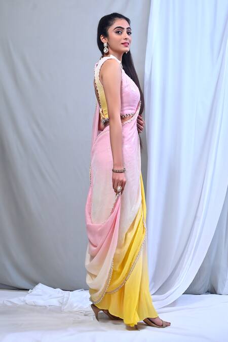 Mirkashi Pink Georgette, Modal, Silk Ombre Embellished Pre-draped Saree With Blouse at Aza Fashions Mirkashi_Pink Georgette, Modal, Silk Ombre Embellished Pre-draped Saree With Blouse_at_Aza_Fashions