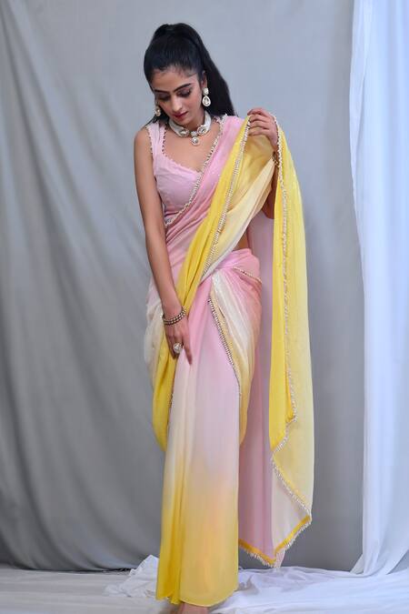 Buy Mirkashi Pink Georgette, Modal, Silk Ombre Embellished Pre-draped Saree With Blouse Buy_Mirkashi_Pink Georgette, Modal, Silk Ombre Embellished Pre-draped Saree With Blouse