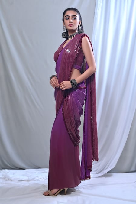 Shop Mirkashi Purple Georgette, Modal Embellished Tasselled Pre-draped Saree With Blouse Online at Aza Fashions Shop_Mirkashi_Purple Georgette, Modal Embellished Tasselled Pre-draped Saree With Blouse _Online_at_Aza_Fashions