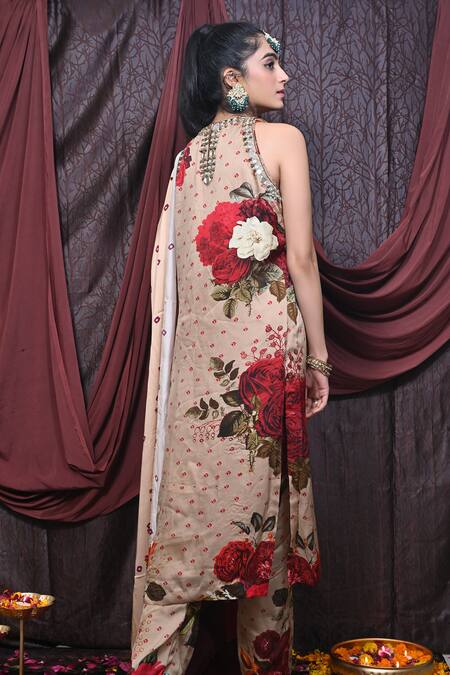 Shop Mirkashi Beige Organza, Modal, Silk, Satin Floral Print Embellished Kurta Pant Set at Aza Fashions Shop_Mirkashi_Beige Organza, Modal, Silk, Satin Floral Print Embellished Kurta Pant Set_at_Aza_Fashions