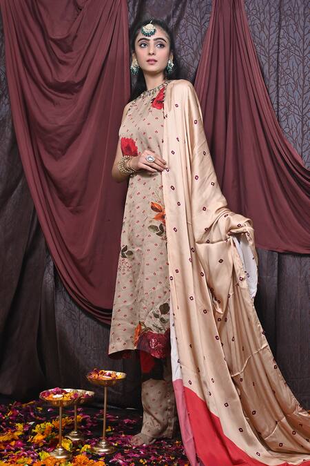 Mirkashi Beige Organza, Modal, Silk, Satin Floral Print Embellished Kurta Pant Set Online at Aza Fashions Mirkashi_Beige Organza, Modal, Silk, Satin Floral Print Embellished Kurta Pant Set_Online_at_Aza_Fashions