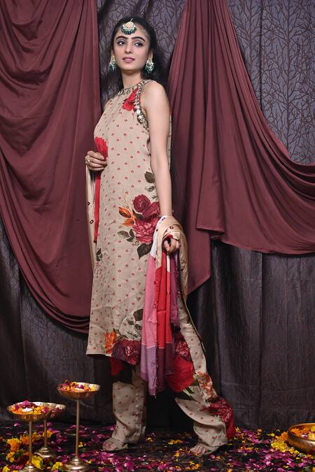 Shop Mirkashi Beige Organza, Modal, Silk, Satin Floral Print Embellished Kurta Pant Set Online at Aza Fashions Shop_Mirkashi_Beige Organza, Modal, Silk, Satin Floral Print Embellished Kurta Pant Set_Online_at_Aza_Fashions