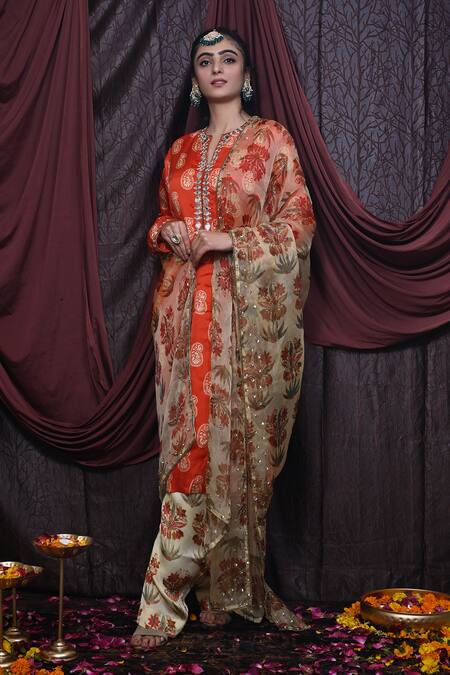 Mirkashi_Orange Organza, Silk Organza, Paisley Print Embellished Kurta Contrast Pant Set_Online_at_Aza_Fashions