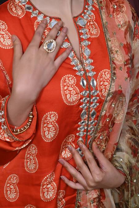 Buy_Mirkashi_Orange Organza, Silk Organza, Paisley Print Embellished Kurta Contrast Pant Set_Online_at_Aza_Fashions