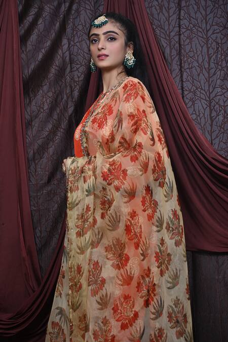 Shop_Mirkashi_Orange Organza, Silk Organza, Paisley Print Embellished Kurta Contrast Pant Set_Online_at_Aza_Fashions