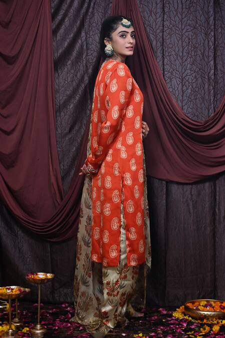 Mirkashi_Orange Organza, Silk Organza, Paisley Print Embellished Kurta Contrast Pant Set_at_Aza_Fashions