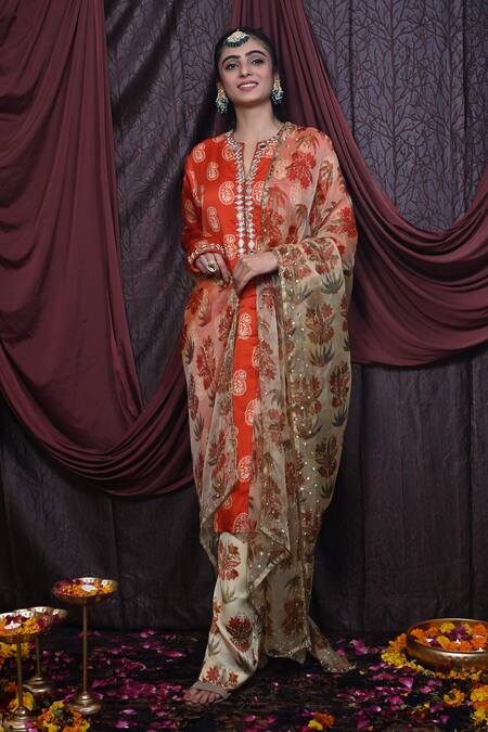 Buy_Mirkashi_Orange Organza, Silk Organza, Paisley Print Embellished Kurta Contrast Pant Set