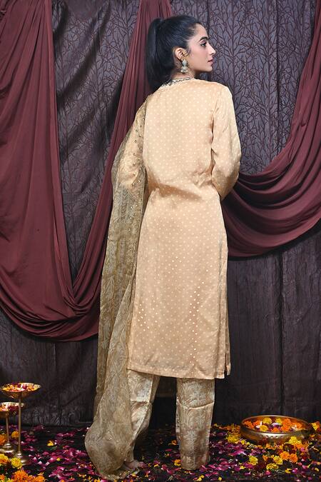 Shop Mirkashi Beige Organza, Silk Beads, Mirrors Polka Dot Print Embellished Kurta Pant Set at Aza Fashions Shop_Mirkashi_Beige Organza, Silk Beads, Mirrors Polka Dot Print Embellished Kurta Pant Set_at_Aza_Fashions