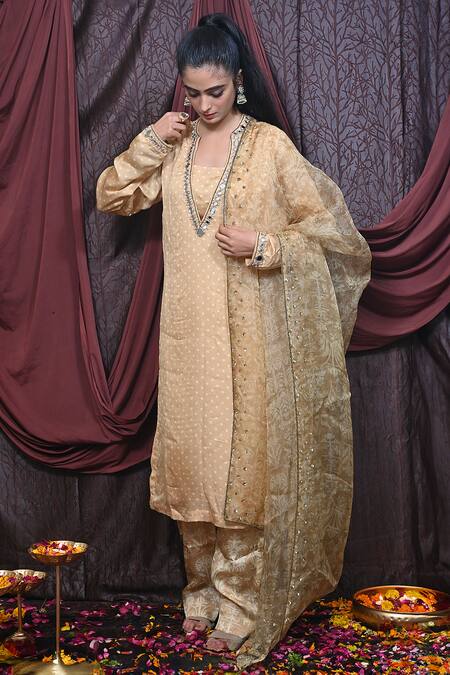 Mirkashi Beige Organza, Silk Beads, Mirrors Polka Dot Print Embellished Kurta Pant Set Online at Aza Fashions Mirkashi_Beige Organza, Silk Beads, Mirrors Polka Dot Print Embellished Kurta Pant Set_Online_at_Aza_Fashions