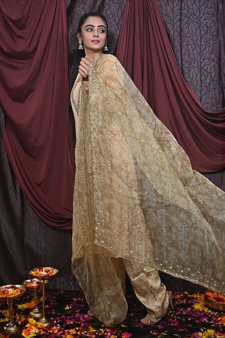 Buy Mirkashi Beige Organza, Silk Beads, Mirrors Polka Dot Print Embellished Kurta Pant Set Online at Aza Fashions Buy_Mirkashi_Beige Organza, Silk Beads, Mirrors Polka Dot Print Embellished Kurta Pant Set_Online_at_Aza_Fashions
