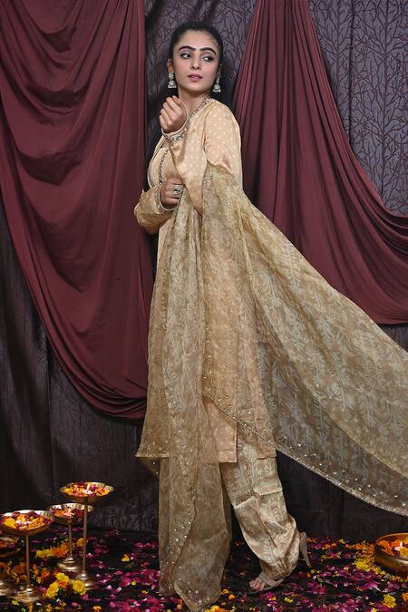 Mirkashi Beige Organza, Silk Beads, Mirrors Polka Dot Print Embellished Kurta Pant Set at Aza Fashions Mirkashi_Beige Organza, Silk Beads, Mirrors Polka Dot Print Embellished Kurta Pant Set_at_Aza_Fashions