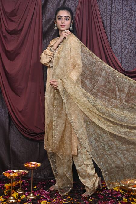 Buy Mirkashi Beige Organza, Silk Beads, Mirrors Polka Dot Print Embellished Kurta Pant Set Buy_Mirkashi_Beige Organza, Silk Beads, Mirrors Polka Dot Print Embellished Kurta Pant Set