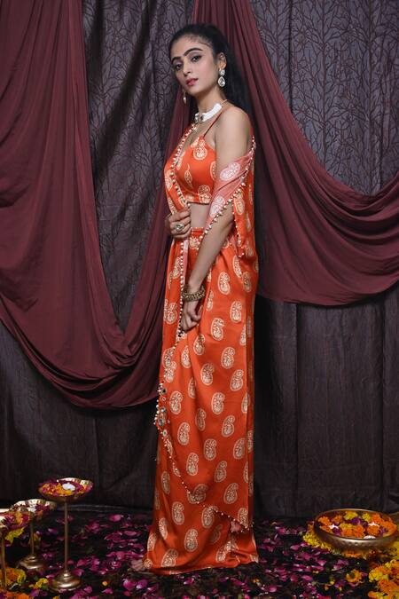Mirkashi_Orange Modal, Satin Pearls, Mirrors V-neck Paisley Print Cape Pant Set_Online_at_Aza_Fashions
