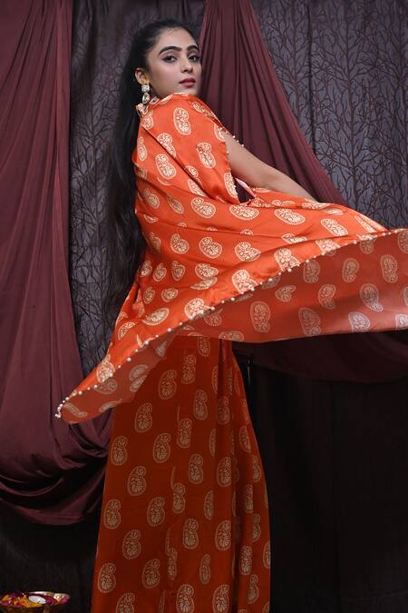 Buy_Mirkashi_Orange Modal, Satin Pearls, Mirrors V-neck Paisley Print Cape Pant Set_Online_at_Aza_Fashions