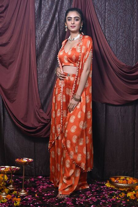 Buy_Mirkashi_Orange Modal, Satin Pearls, Mirrors V-neck Paisley Print Cape Pant Set
