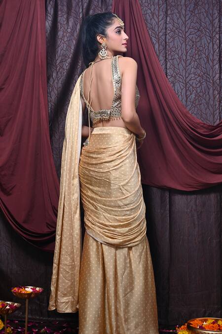 Shop Mirkashi Beige Georgette, Modal Mirrors, Printed Pre-draped Saree With Embellished Blouse at Aza Fashions Shop_Mirkashi_Beige Georgette, Modal Mirrors, Printed Pre-draped Saree With Embellished Blouse_at_Aza_Fashions