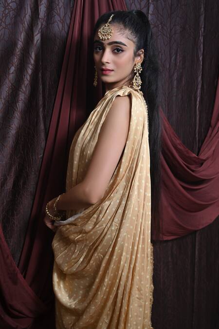 Mirkashi Beige Georgette, Modal Mirrors, Printed Pre-draped Saree With Embellished Blouse Online at Aza Fashions Mirkashi_Beige Georgette, Modal Mirrors, Printed Pre-draped Saree With Embellished Blouse_Online_at_Aza_Fashions