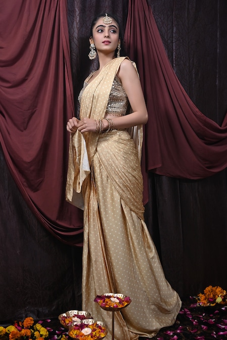 Saree Mall Beige Embellished Saree With Unstitched Blouse