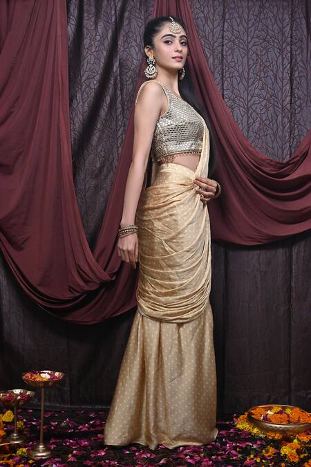Shop Mirkashi Beige Georgette, Modal Mirrors, Printed Pre-draped Saree With Embellished Blouse Online at Aza Fashions Shop_Mirkashi_Beige Georgette, Modal Mirrors, Printed Pre-draped Saree With Embellished Blouse_Online_at_Aza_Fashions