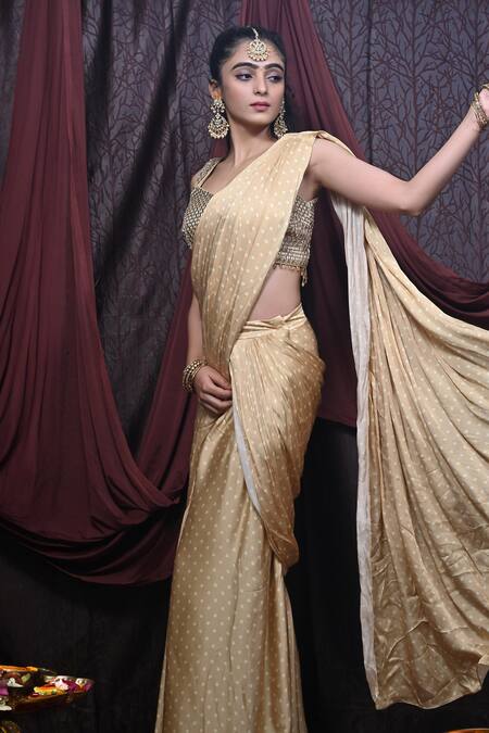 Mirkashi Beige Georgette, Modal Mirrors, Printed Pre-draped Saree With Embellished Blouse at Aza Fashions Mirkashi_Beige Georgette, Modal Mirrors, Printed Pre-draped Saree With Embellished Blouse_at_Aza_Fashions