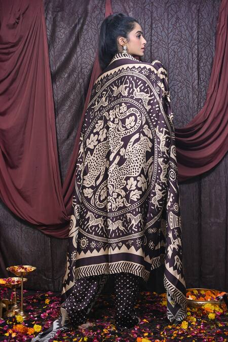 Shop_Mirkashi_Brown Modal, Satin Beads Mandarin Collar Polka Dot Print Pleated Kurta Pant Set_at_Aza_Fashions