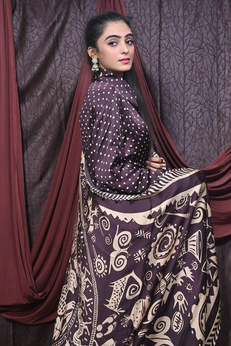 Mirkashi_Brown Modal, Satin Beads Mandarin Collar Polka Dot Print Pleated Kurta Pant Set_Online_at_Aza_Fashions